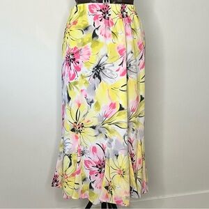 Yellow Mermaid Trumpet Skirt,  pleating detail, pink flowers and grey flowers.​